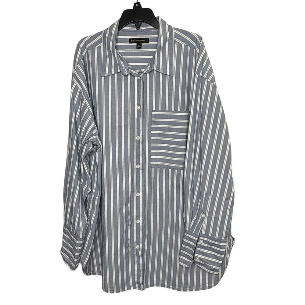 Banana Republic Women's Blue Tunic Striped Oversized Cotton Casual Shirt Size XL